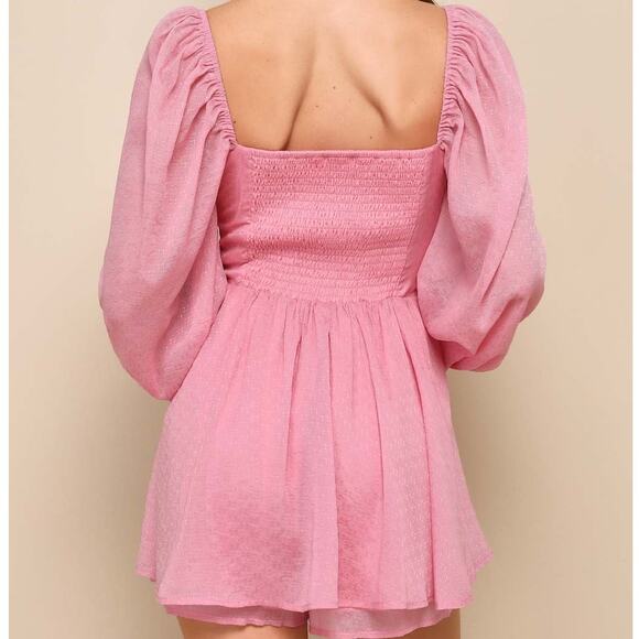 Storia Adorable Perfection Pink Balloon Sleeve Sweetheart Woven Bustier Romper - Picture 7 of 10
